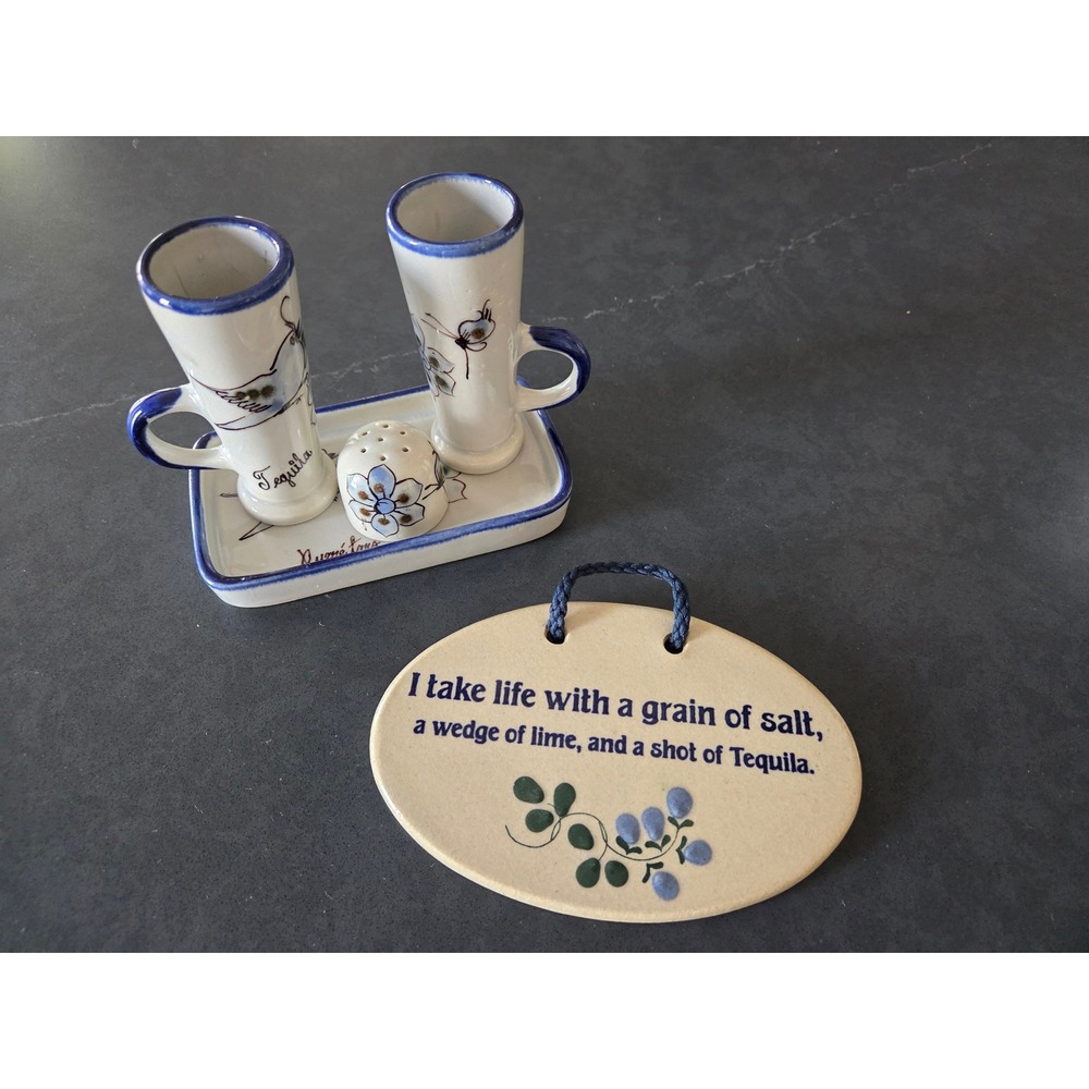 Mexican Pottery Tequila Shot Glass Set Queretaro Tray Shaker & Wall Plaque 5pc